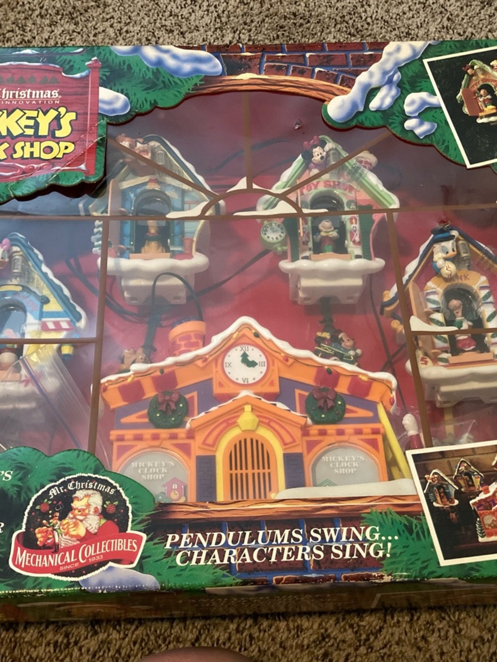 Disney Mickey's Clock Shop Holiday Decor in Red, Green, White, Gold, Blue